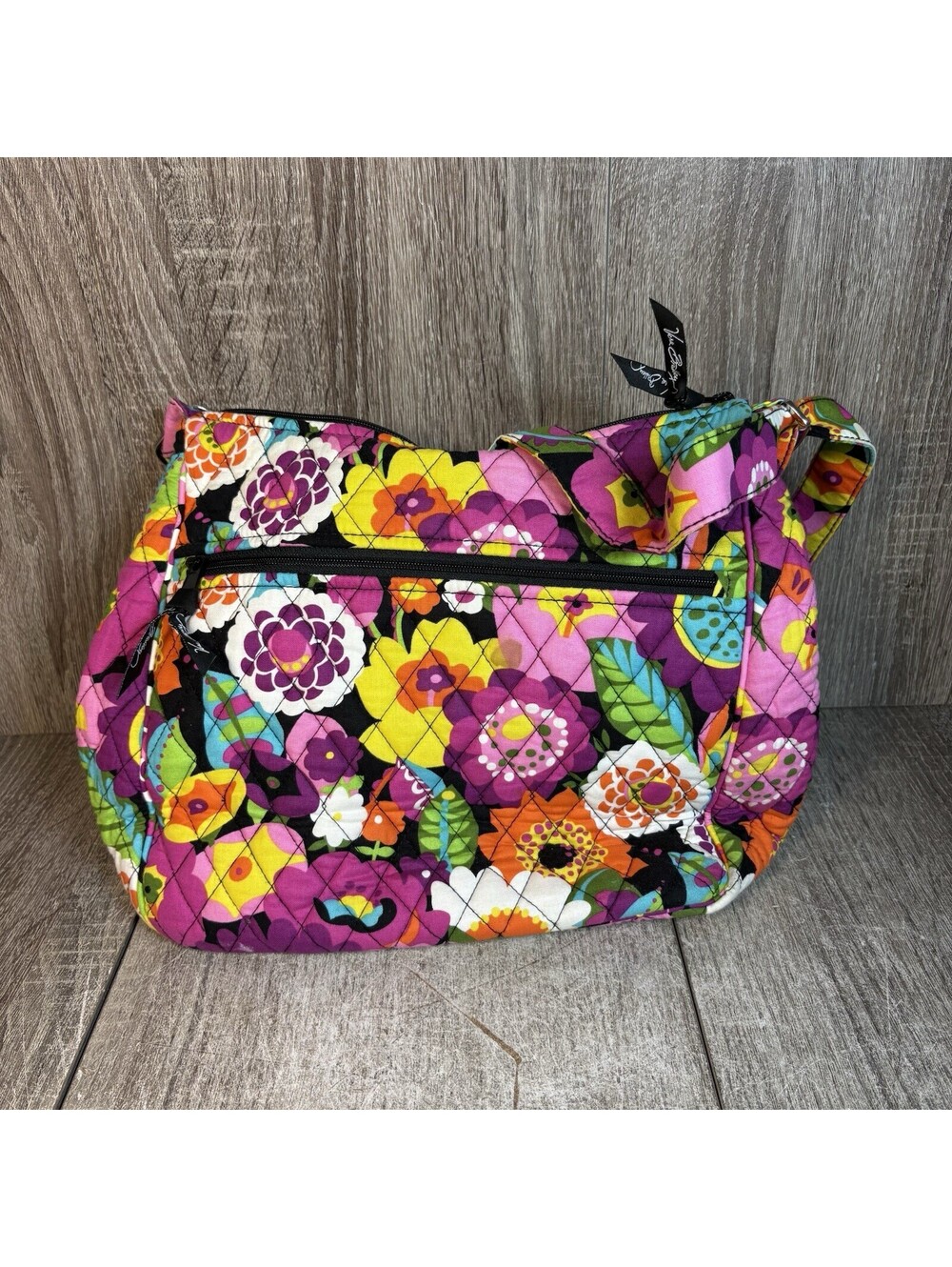Vera Bradley "Va Va Bloom" Crossbody Hobo Bag Retired Pattern Black Floral Boho